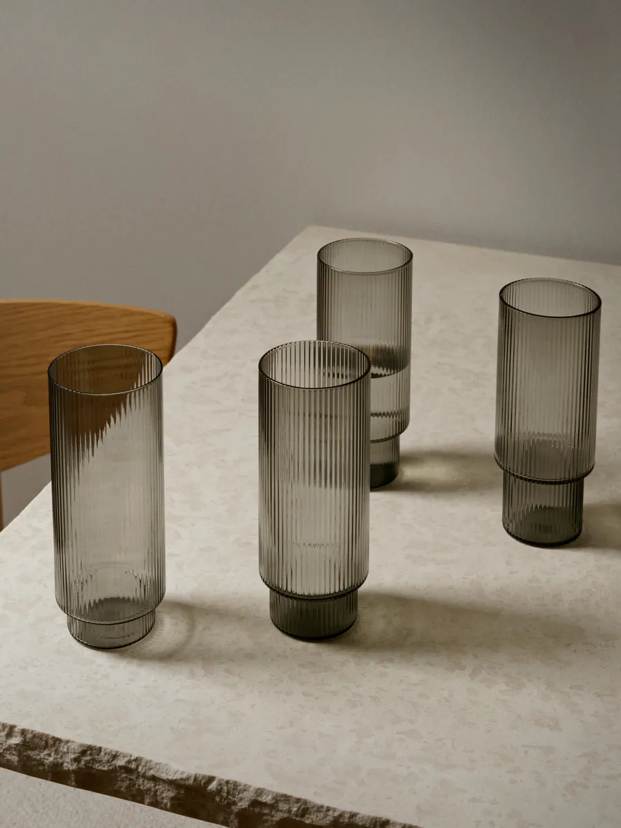 Ferm Living Ripple Long Drink Glass 4pk, Smoked Grey